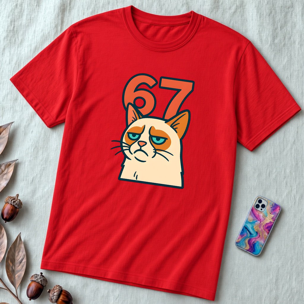 67 Grumpy Cat Meme Shirt | Unisex Trendy Graphic Tee - Red unfolded t-shirt mockup