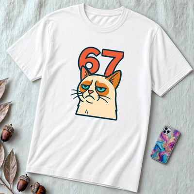 67 Grumpy Cat Meme Shirt | Unisex Trendy Graphic Tee - Solid White Blend unfolded t-shirt mockup