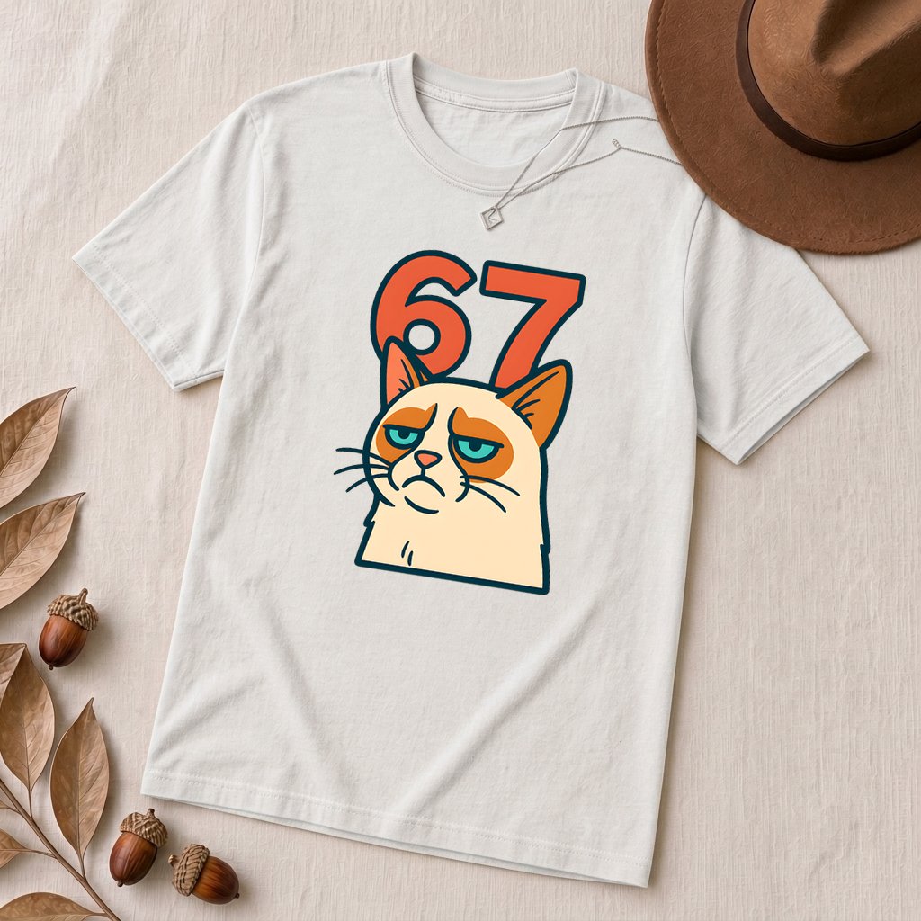 67 Grumpy Cat Meme Shirt | Unisex Trendy Graphic Tee - Solid White Blend unfolded t-shirt mockup