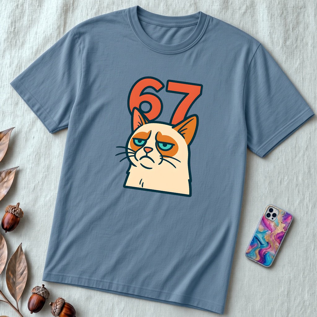 67 Grumpy Cat Meme Shirt | Unisex Trendy Graphic Tee - Steel Blue unfolded t-shirt mockup
