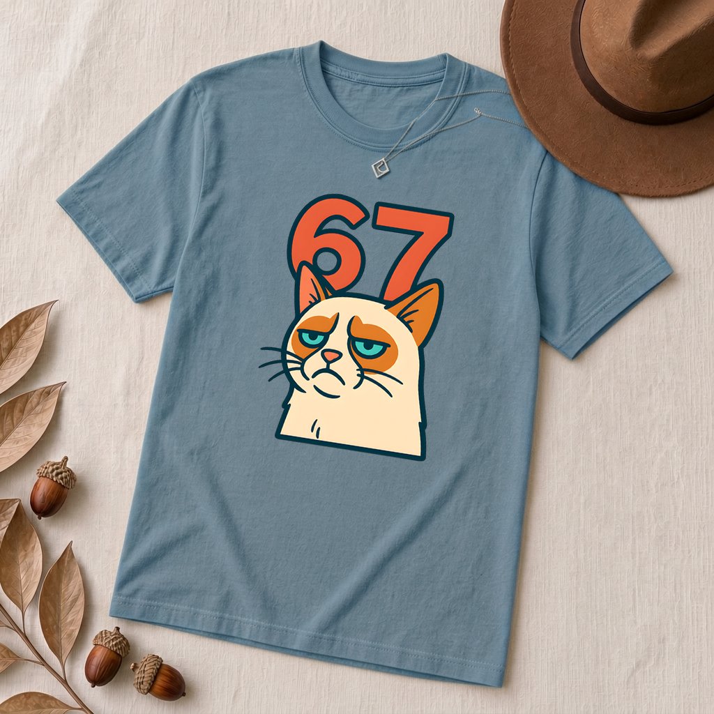 67 Grumpy Cat Meme Shirt | Unisex Trendy Graphic Tee - Steel Blue unfolded t-shirt mockup