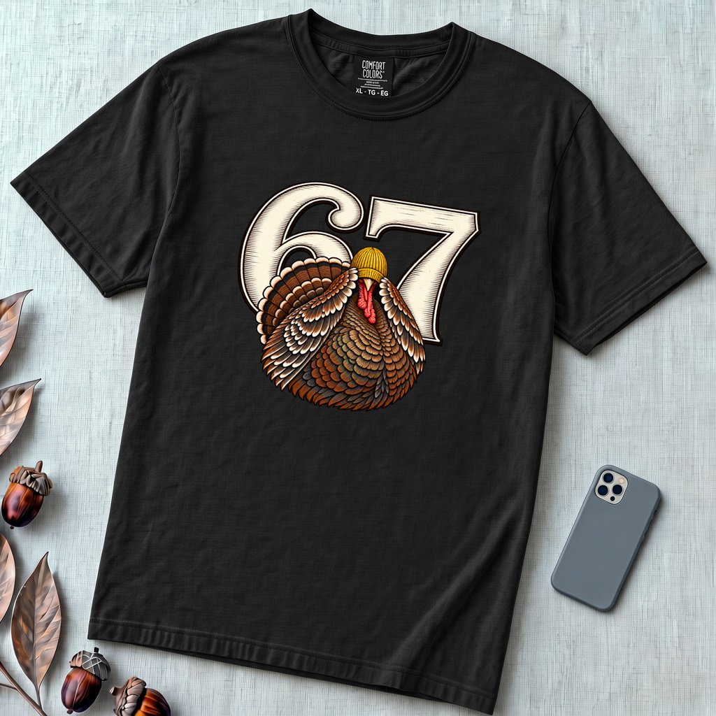 67 Turkey T-Shirt, Funny Six Seven Meme Tee, Thanksgiving time - Black unfolded t-shirt mockup