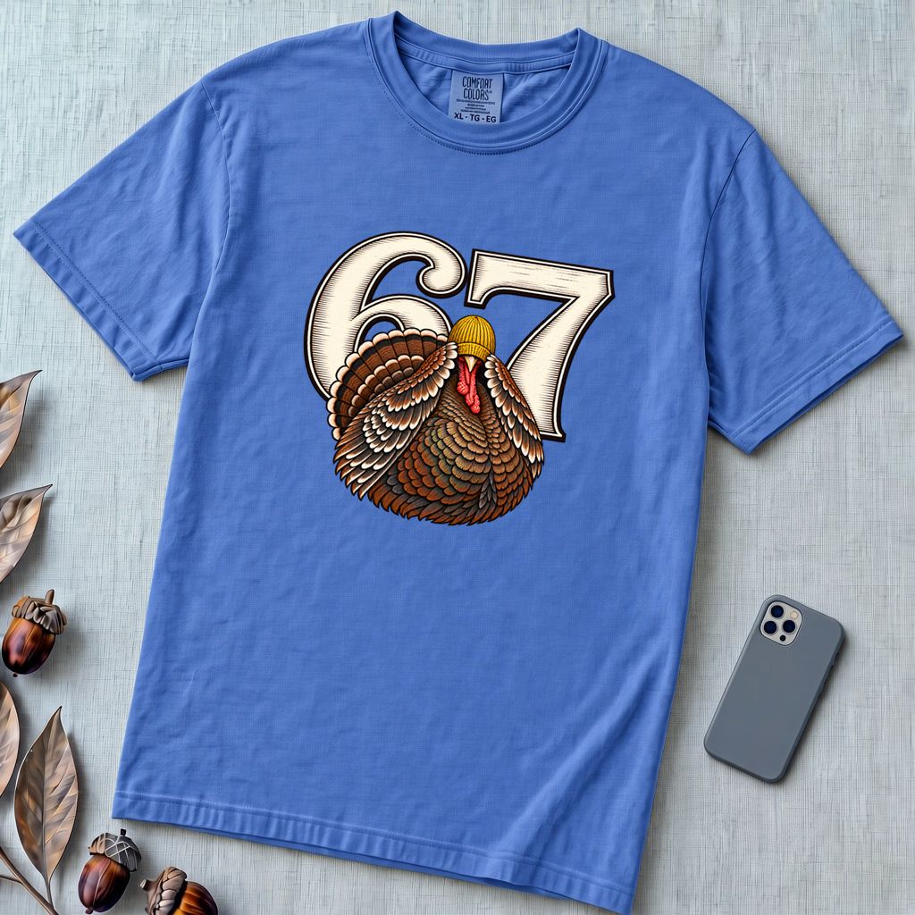 67 Turkey T-Shirt, Funny Six Seven Meme Tee, Thanksgiving time - Flo Blue unfolded t-shirt mockup