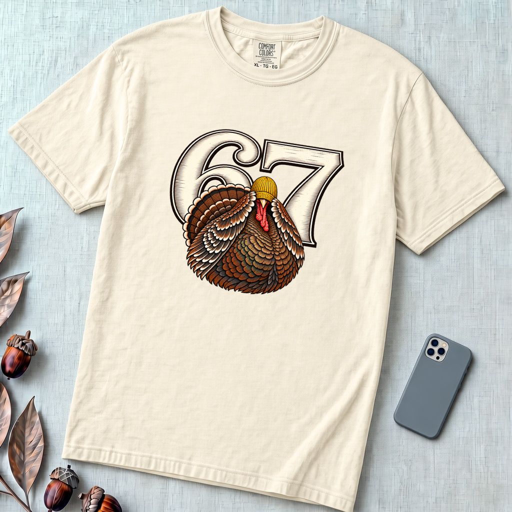 67 Turkey T-Shirt, Funny Six Seven Meme Tee, Thanksgiving time - Ivory unfolded t-shirt mockup