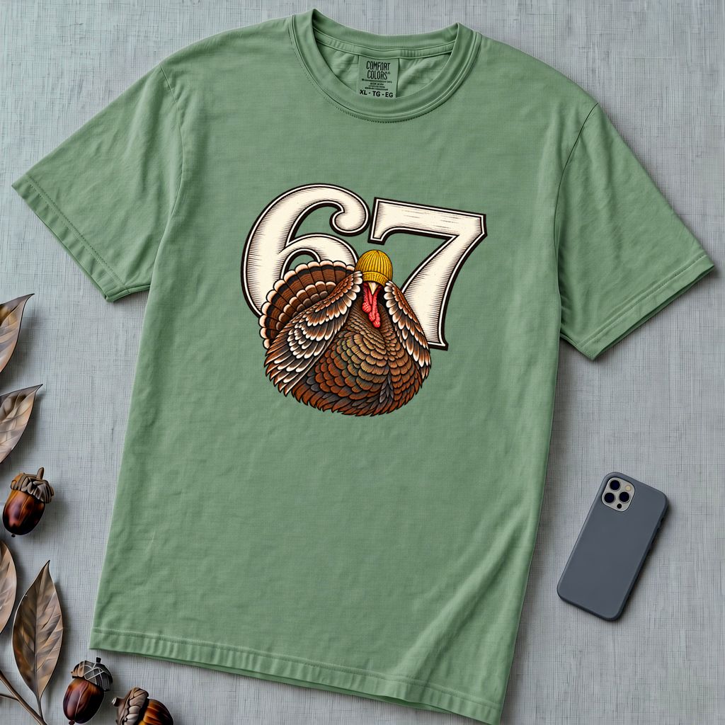67 Turkey T-Shirt, Funny Six Seven Meme Tee, Thanksgiving time - Light Green unfolded t-shirt mockup