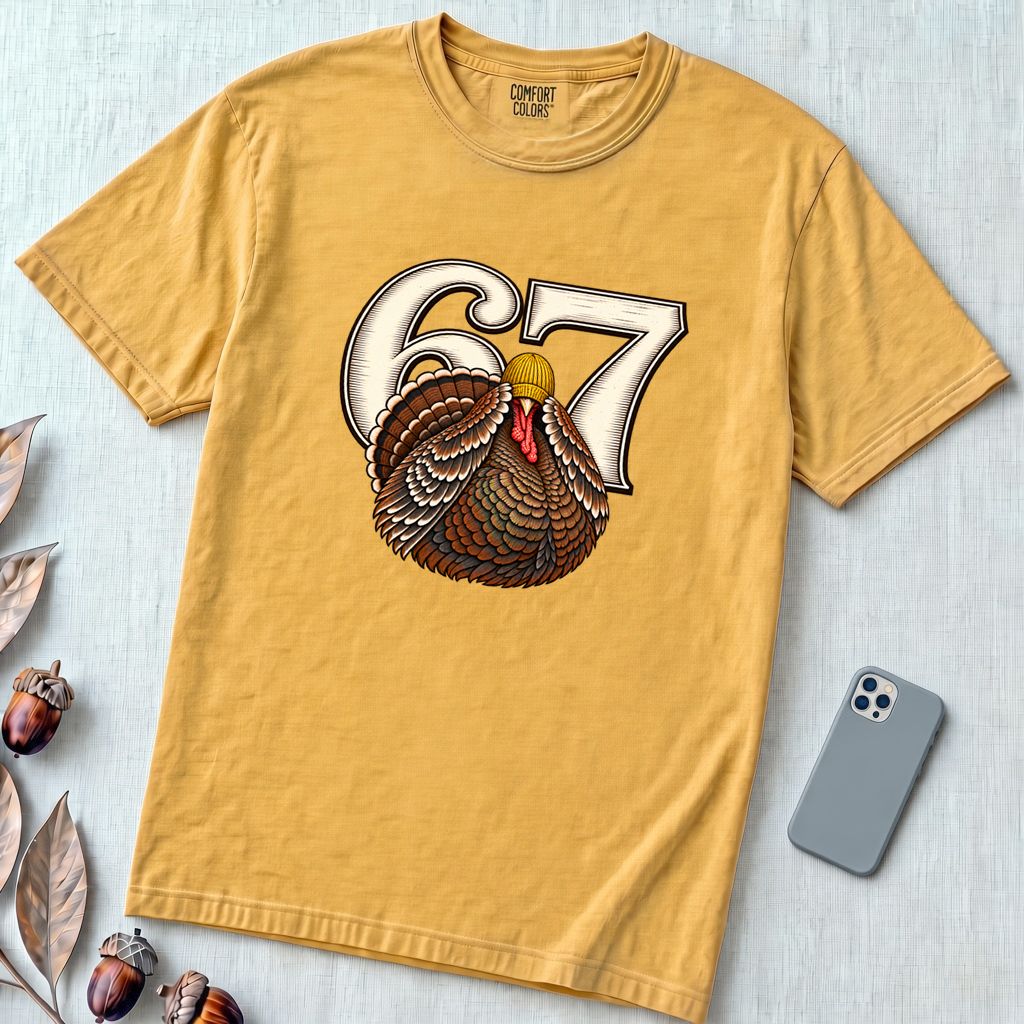67 Turkey T-Shirt, Funny Six Seven Meme Tee, Thanksgiving time - Mustard unfolded t-shirt mockup