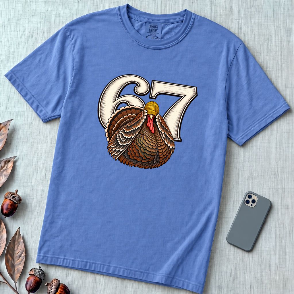 67 Turkey T-Shirt, Funny Six Seven Meme Tee, Thanksgiving time - Mystic Blue unfolded t-shirt mockup