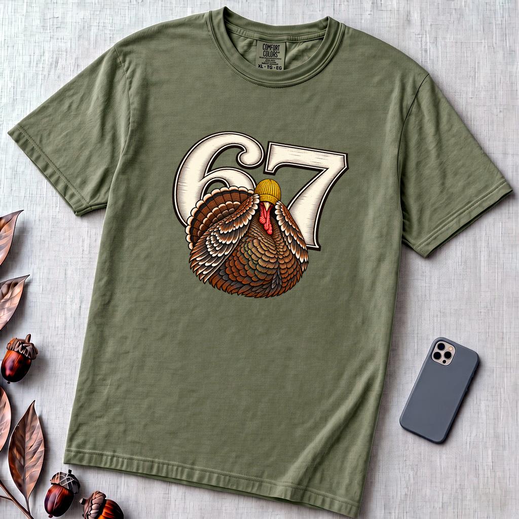 67 Turkey T-Shirt, Funny Six Seven Meme Tee, Thanksgiving time - Sage unfolded t-shirt mockup