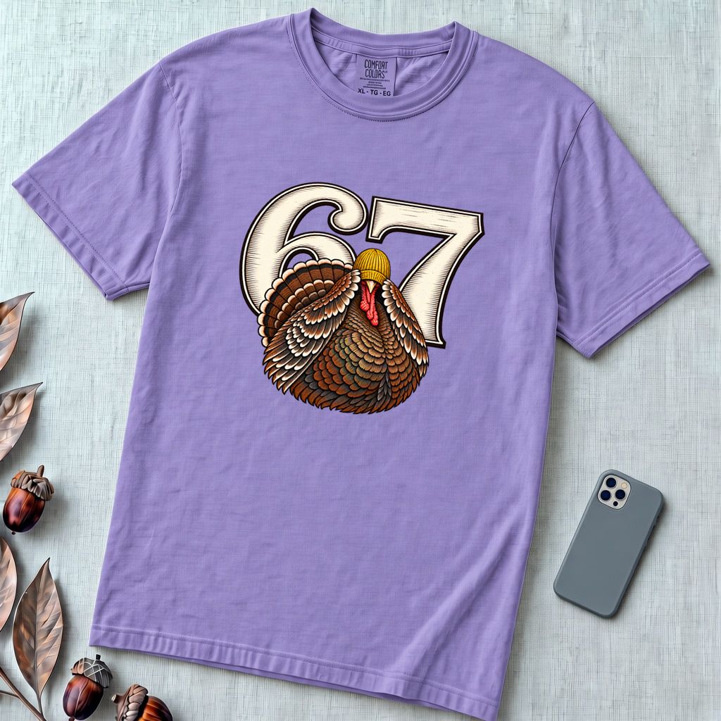 67 Turkey T-Shirt, Funny Six Seven Meme Tee, Thanksgiving time - Violet unfolded t-shirt mockup