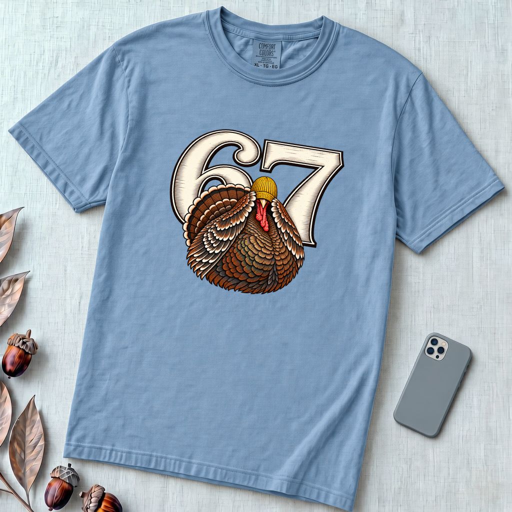 67 Turkey T-Shirt, Funny Six Seven Meme Tee, Thanksgiving time - Washed Denim unfolded t-shirt mockup