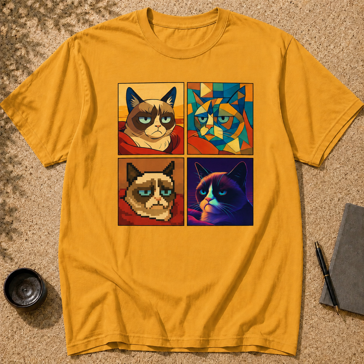 Camiseta Meme Grumpy Cat - Camiseta Gráfica Icónica de Gato Enojado - Estilos Pixel, Cubismo y Neón - Divertido Regalo Unisex para Amantes de los Gatos