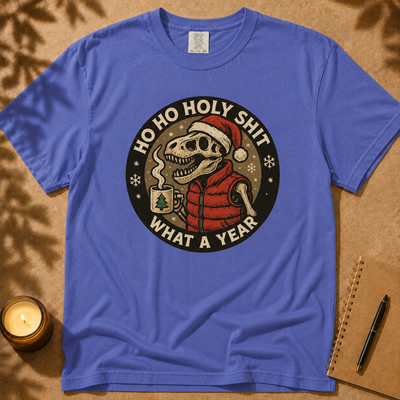 Unisex garment-dyed heavyweight Comfort Colors Funny Dino Christmas Shirt, Ho Ho Holy Shit T-Rex Tee, What a Year Meme Shirt, Skeleton Dino Xmas Shirt