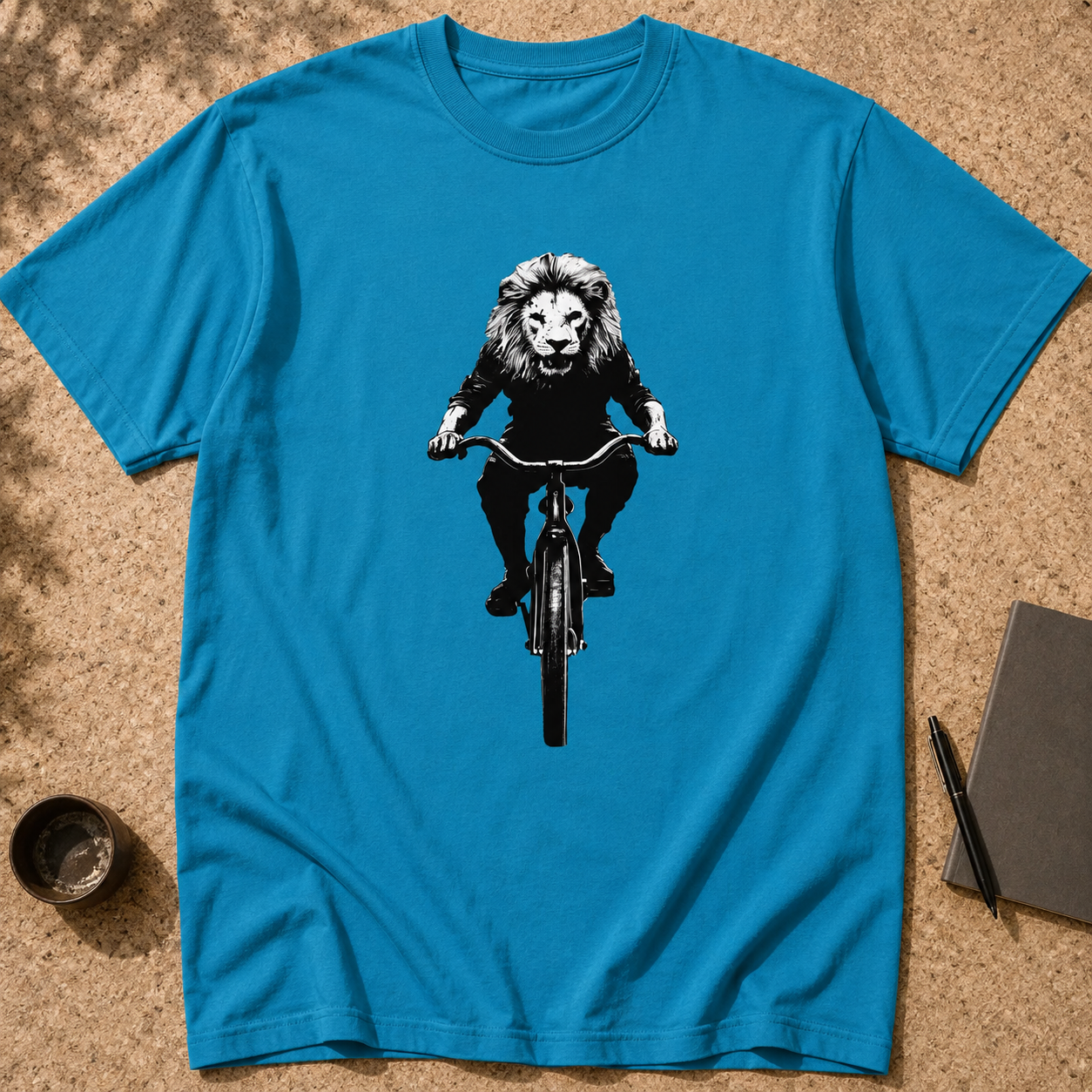 Unisex-T-Shirt „Löwe auf dem Fahrrad“