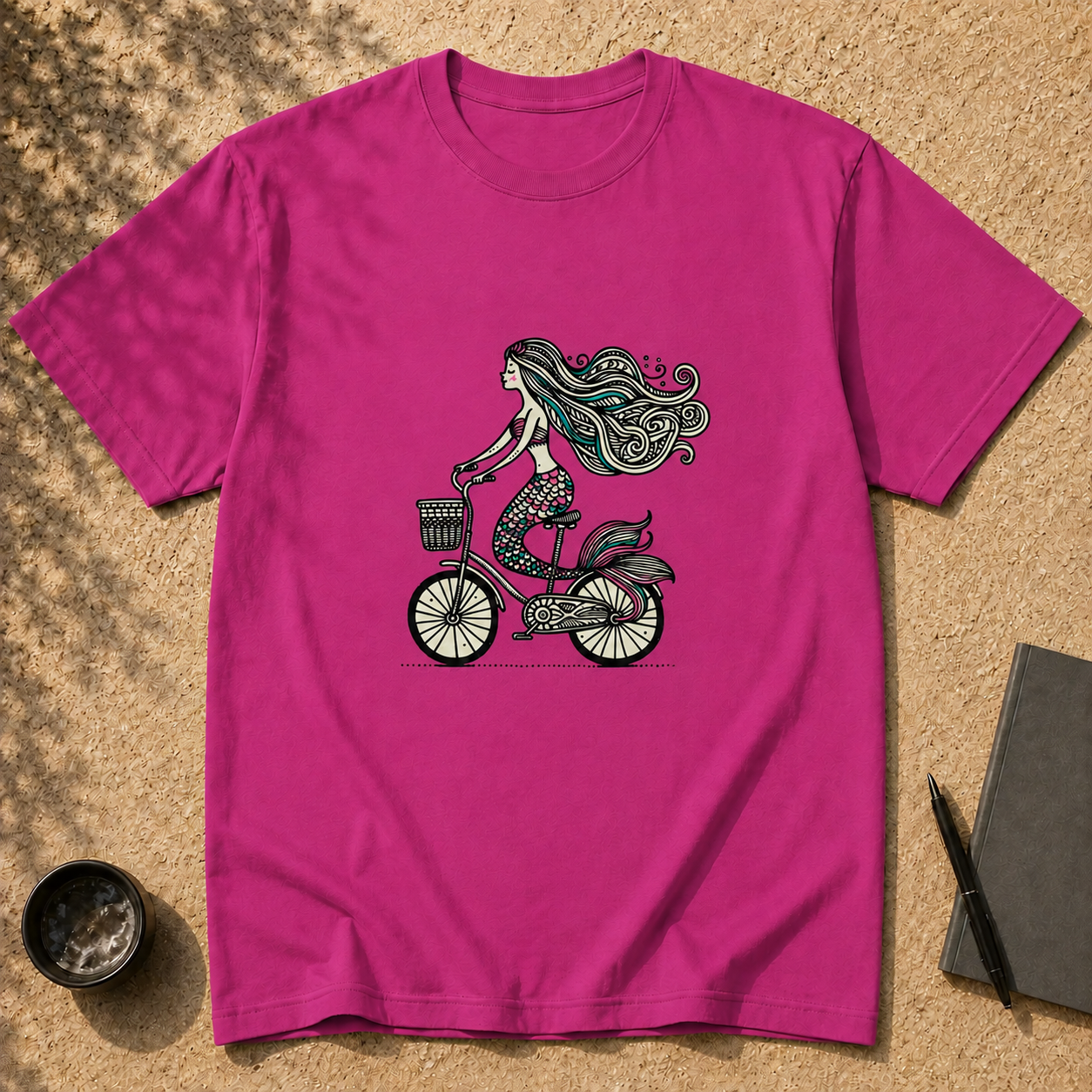 Unisex-T-Shirt „Meerjungfrau auf dem Fahrrad“