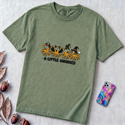 A Little Unhinged Halloween Octopus T-Shirt - Light Green unfolded t-shirt mockup