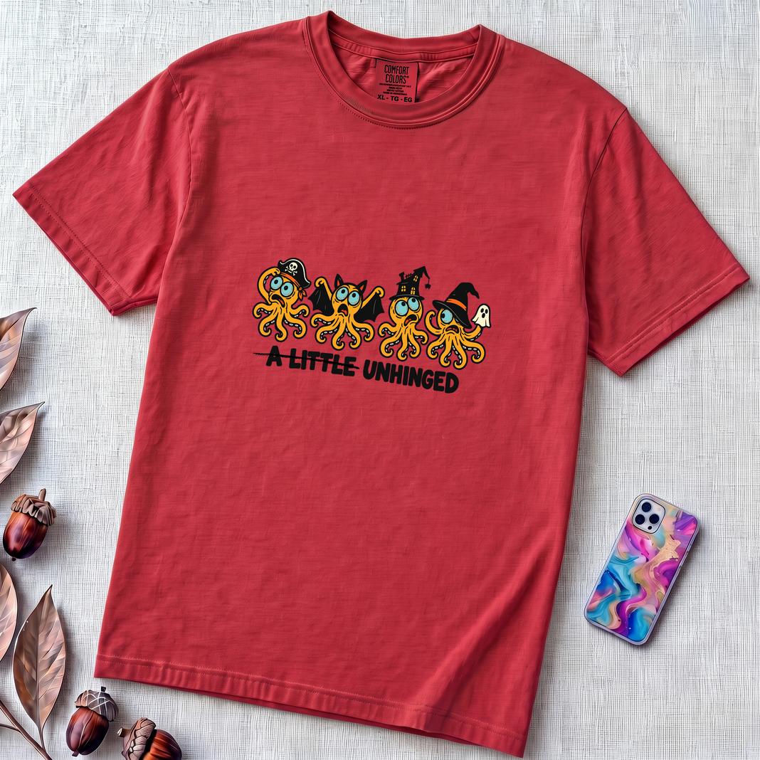 A Little Unhinged Halloween Octopus T-Shirt - Red unfolded t-shirt mockup