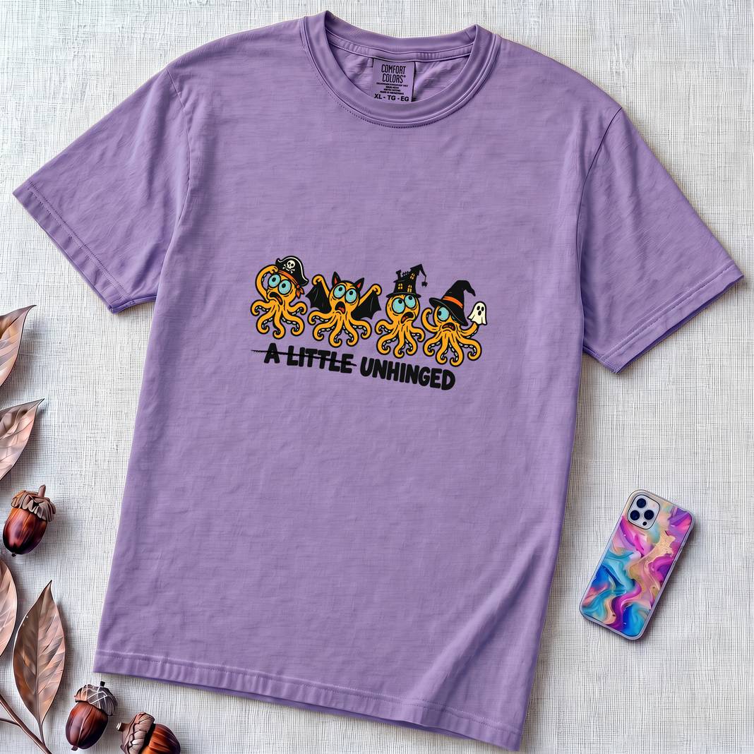 A Little Unhinged Halloween Octopus T-Shirt - Violet unfolded t-shirt mockup