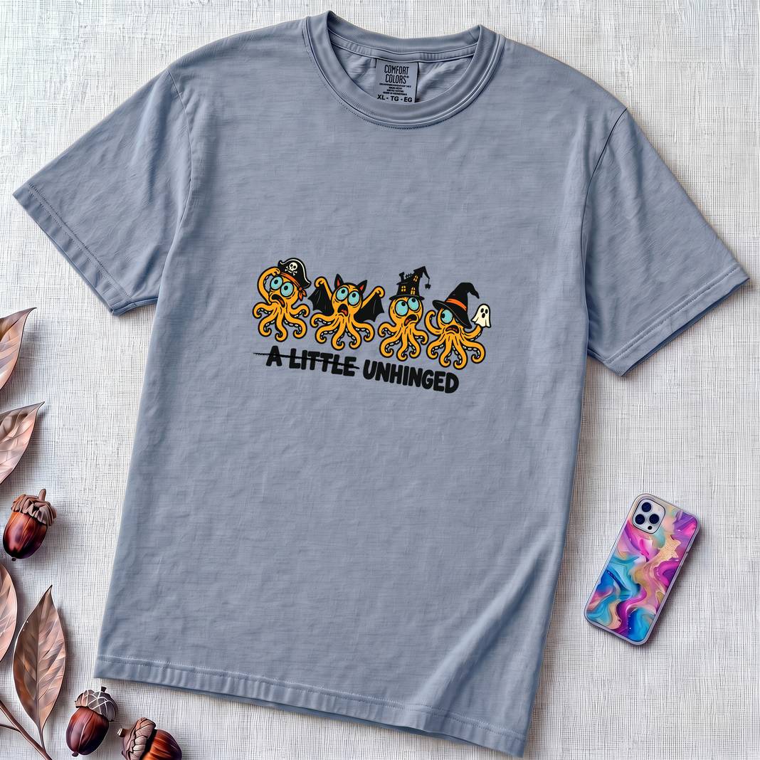 A Little Unhinged Halloween Octopus T-Shirt - Washed Denim unfolded t-shirt mockup