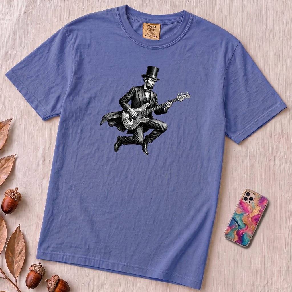 Abraham Lincoln Bass Guitar T-shirt - Flo Blue unfolded t-shirt mockup