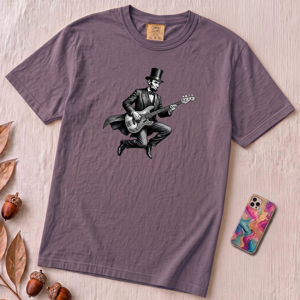 Abraham Lincoln Bass Guitar T-shirt - Grape unfolded t-shirt mockup