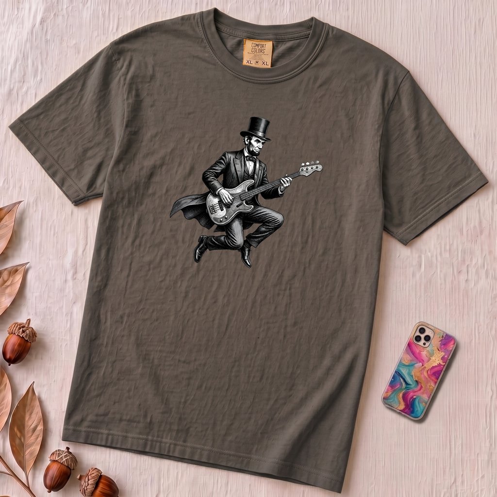 Abraham Lincoln Bass Guitar T-shirt - Graphite unfolded t-shirt mockup