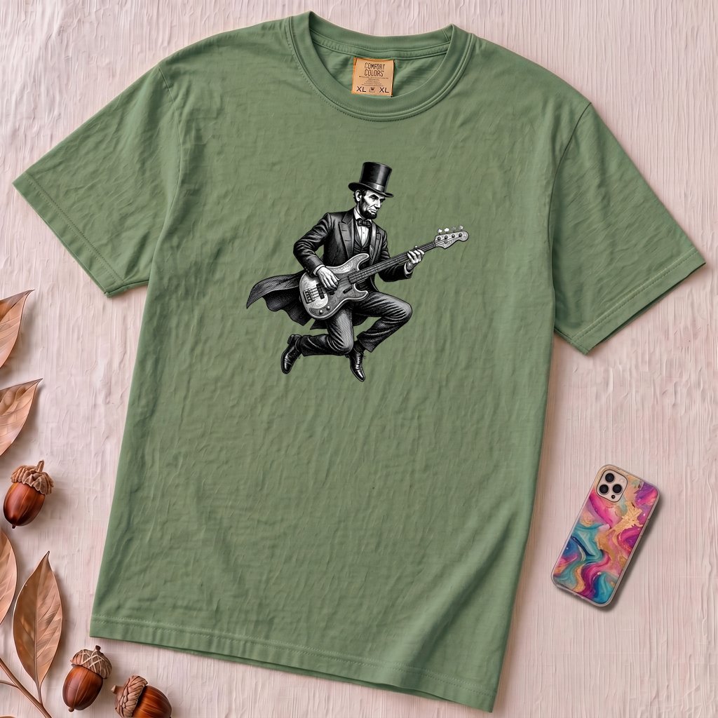 Abraham Lincoln Bass Guitar T-shirt - Light Green unfolded t-shirt mockup