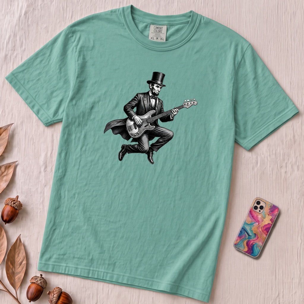 Abraham Lincoln Bass Guitar T-shirt - Seafoam unfolded t-shirt mockup