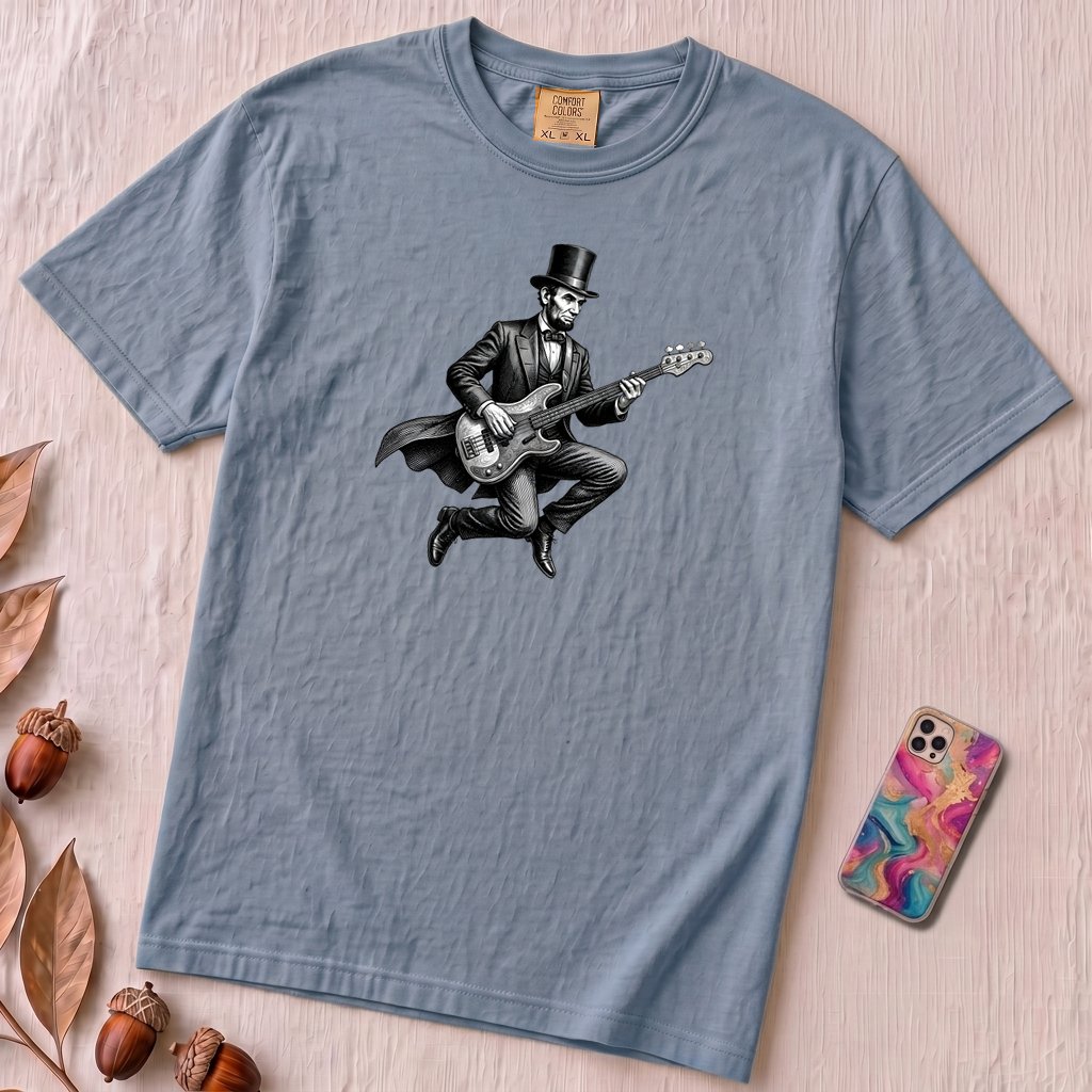 Abraham Lincoln Bass Guitar T-shirt - Washed Denim unfolded t-shirt mockup