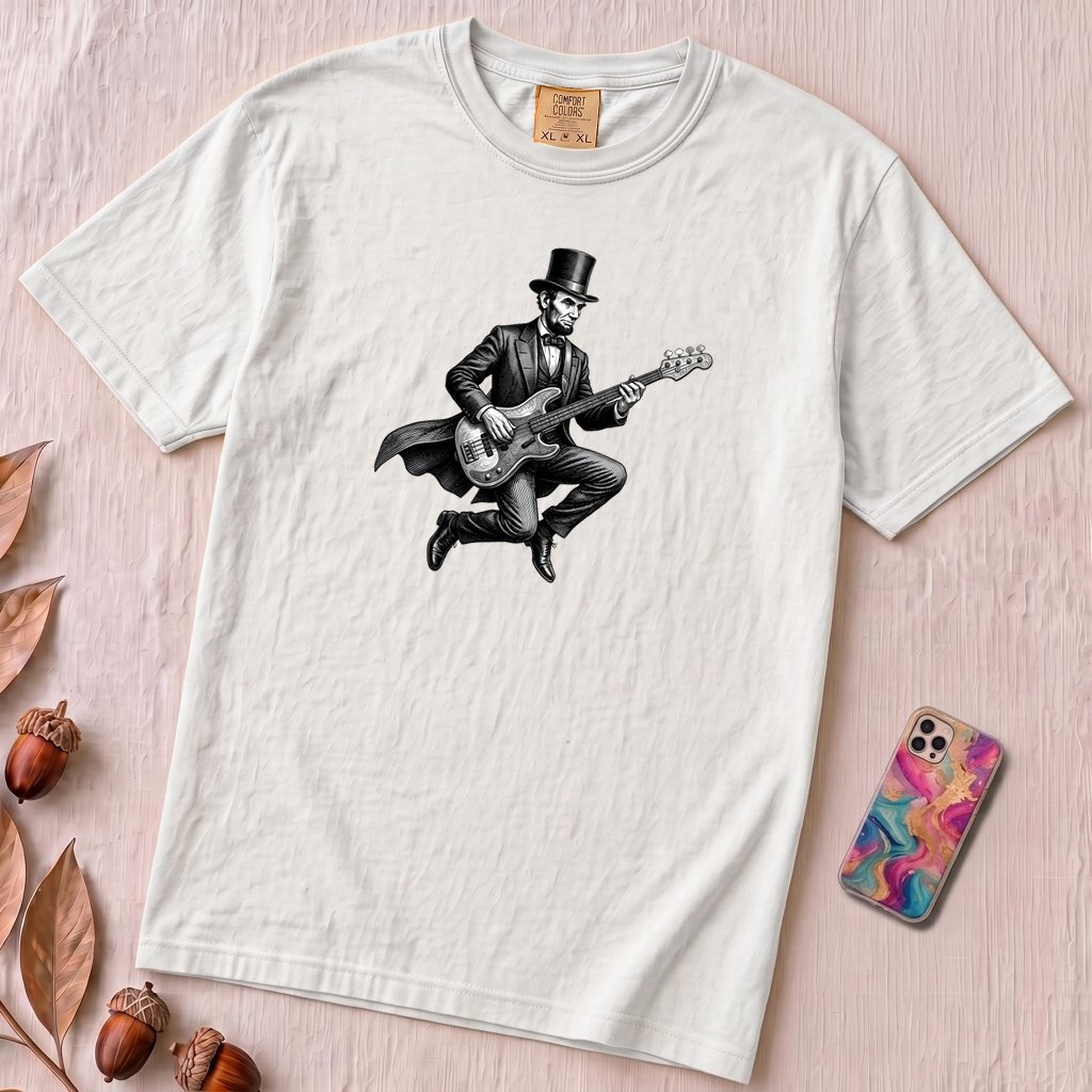 Abraham Lincoln Bass Guitar T-shirt - White unfolded t-shirt mockup