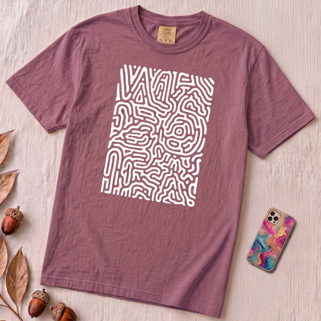 Abstract Fingerprint Maze Line Art Graphic T-Shirt - Berry unfolded t-shirt mockup