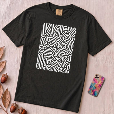 Abstract Fingerprint Maze Line Art Graphic T-Shirt - Black unfolded t-shirt mockup