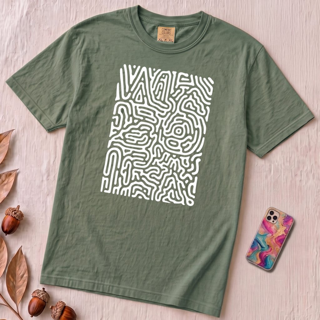 Abstract Fingerprint Maze Line Art Graphic T-Shirt - Blue Spruce unfolded t-shirt mockup