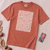 Abstract Fingerprint Maze Line Art Graphic T-Shirt - Crimson unfolded t-shirt mockup
