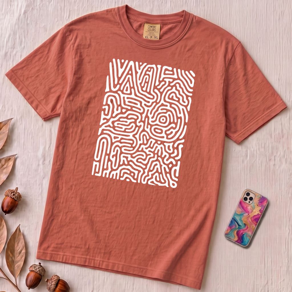 Abstract Fingerprint Maze Line Art Graphic T-Shirt - Crimson unfolded t-shirt mockup