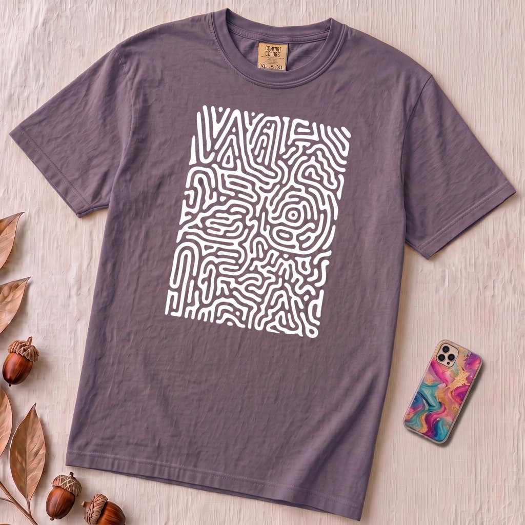 Abstract Fingerprint Maze Line Art Graphic T-Shirt - Grape unfolded t-shirt mockup
