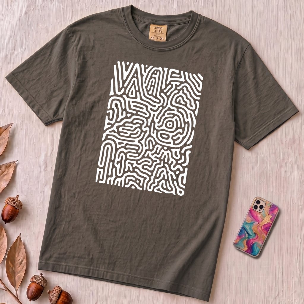Abstract Fingerprint Maze Line Art Graphic T-Shirt - Graphite unfolded t-shirt mockup