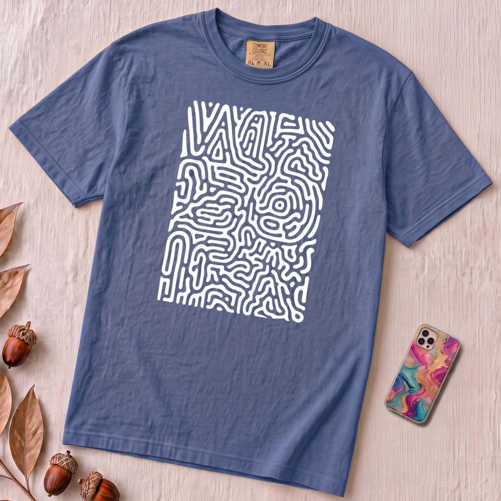 Abstract Fingerprint Maze Line Art Graphic T-Shirt - Mystic Blue unfolded t-shirt mockup