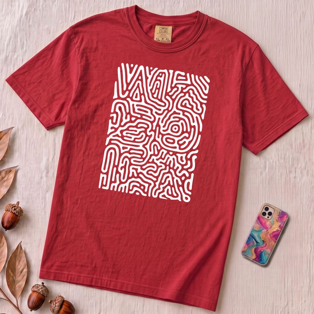 Abstract Fingerprint Maze Line Art Graphic T-Shirt - Red unfolded t-shirt mockup