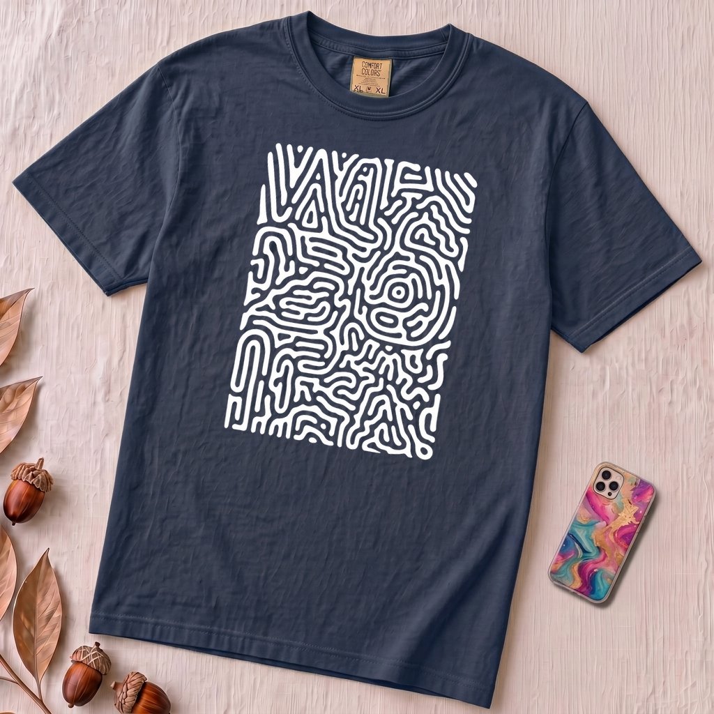 Abstract Fingerprint Maze Line Art Graphic T-Shirt - True Navy unfolded t-shirt mockup