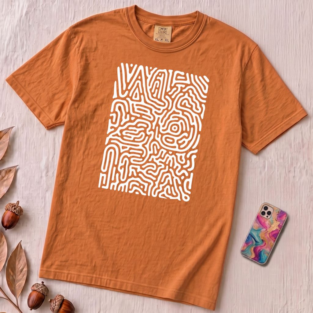 Abstract Fingerprint Maze Line Art Graphic T-Shirt - Yam unfolded t-shirt mockup