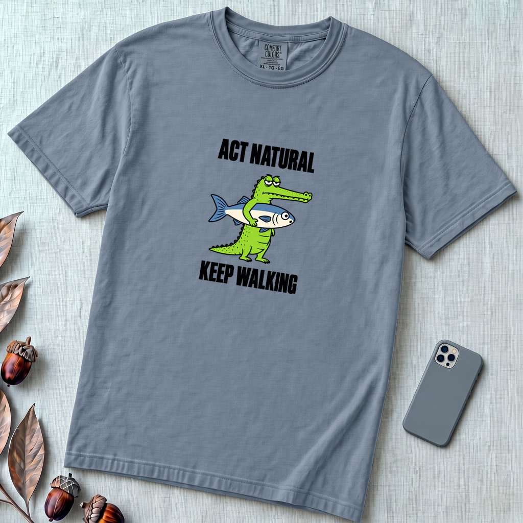 Act Natural Keep Walking Crocodile T-Shirt, Absurd Animal Graphic - Blue Jean unfolded t-shirt mockup