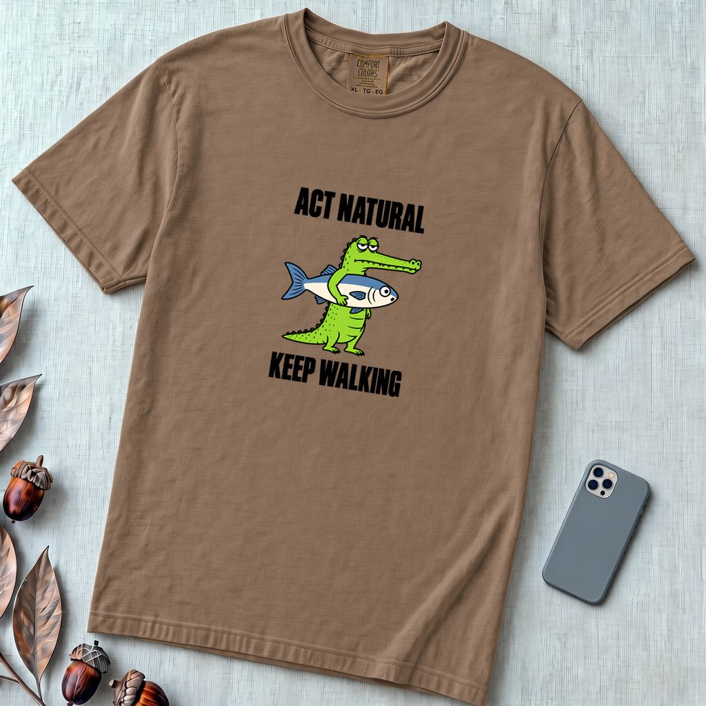 Act Natural Keep Walking Crocodile T-Shirt, Absurd Animal Graphic - Espresso unfolded t-shirt mockup