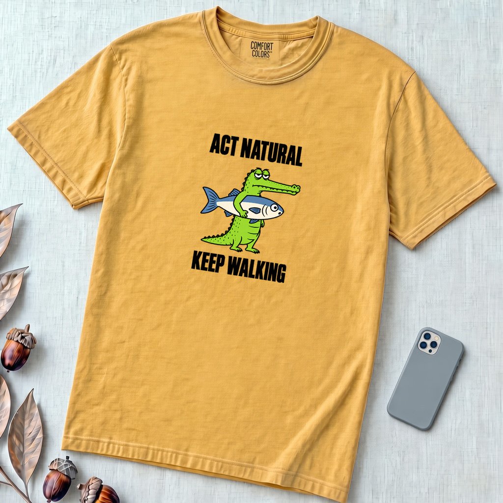 Act Natural Keep Walking Crocodile T-Shirt, Absurd Animal Graphic - Mustard unfolded t-shirt mockup