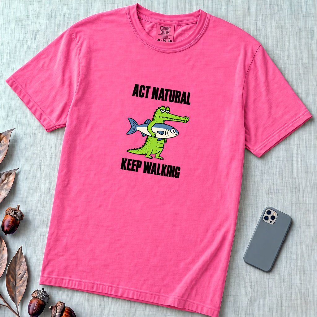 Act Natural Keep Walking Crocodile T-Shirt, Absurd Animal Graphic - Neon Pink unfolded t-shirt mockup