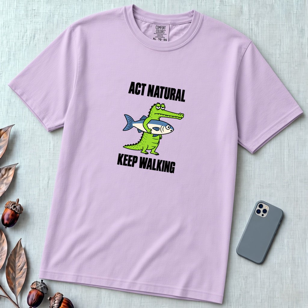Act Natural Keep Walking Crocodile T-Shirt, Absurd Animal Graphic - Orchid unfolded t-shirt mockup