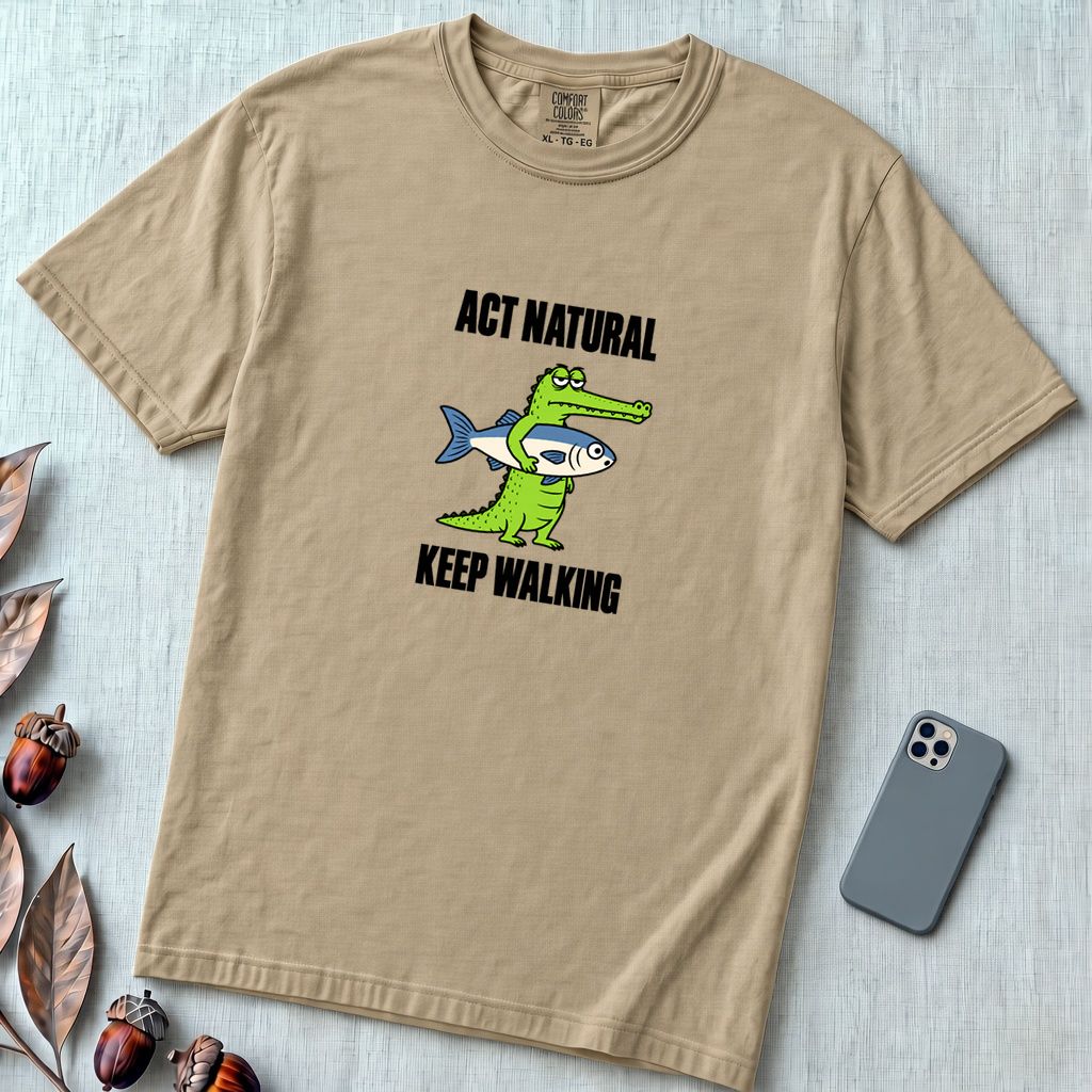Act Natural Keep Walking Crocodile T-Shirt, Absurd Animal Graphic - Sandstone unfolded t-shirt mockup