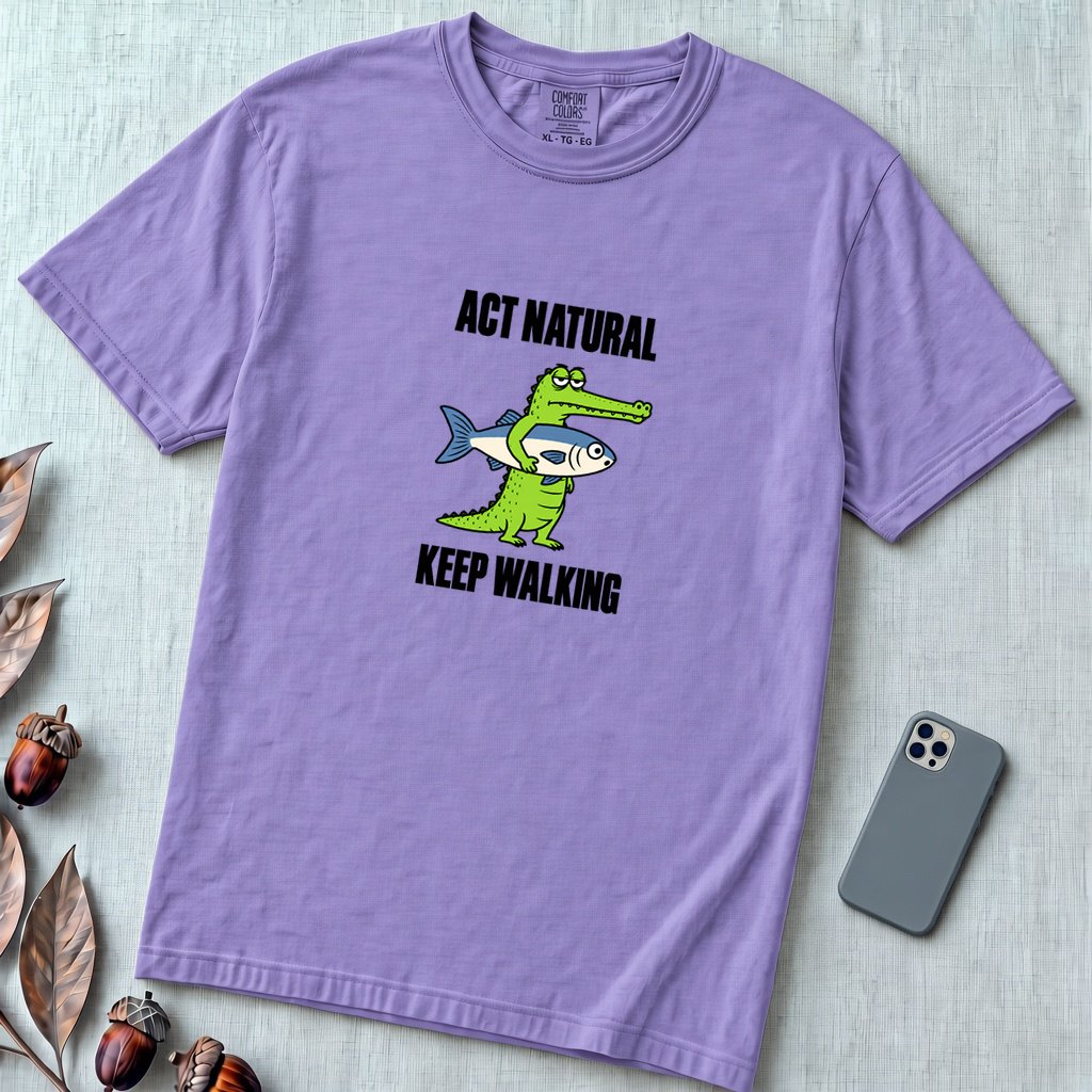 Act Natural Keep Walking Crocodile T-Shirt, Absurd Animal Graphic - Violet unfolded t-shirt mockup