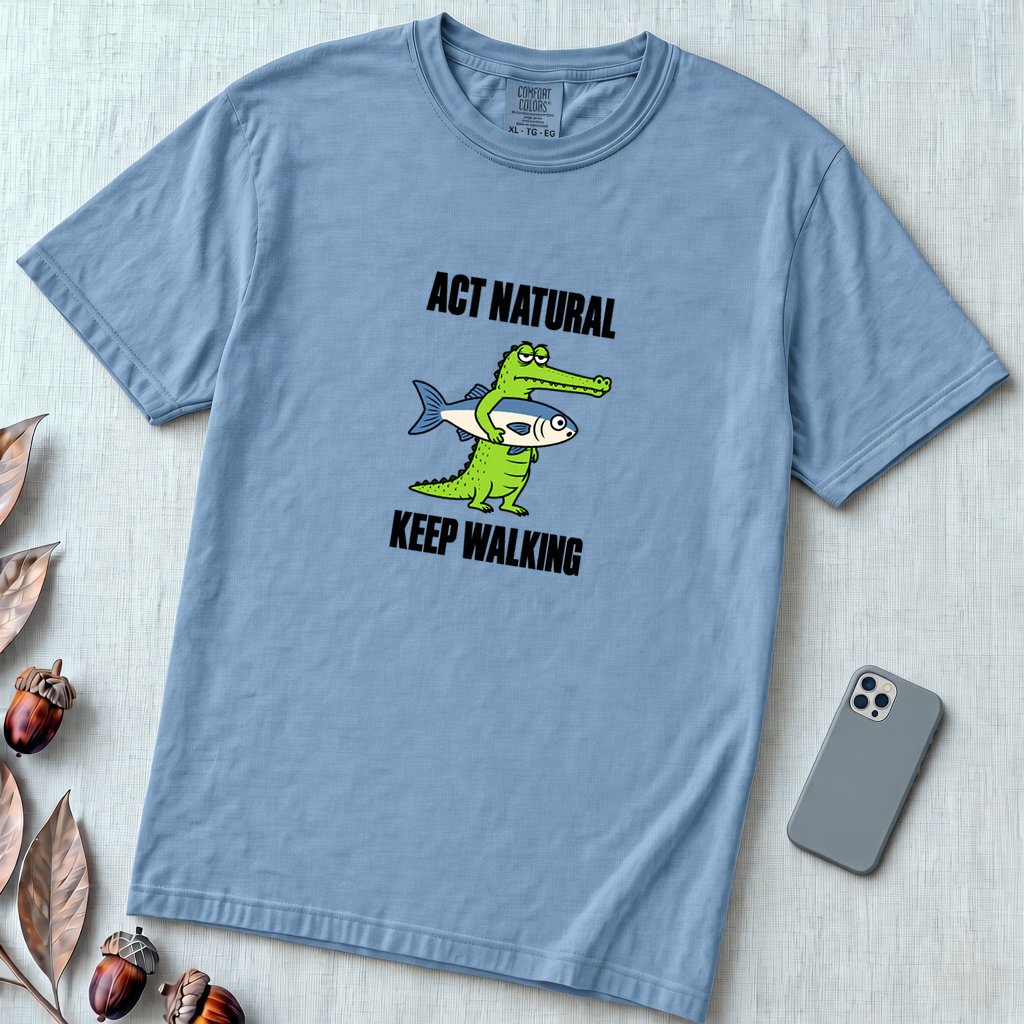 Act Natural Keep Walking Crocodile T-Shirt, Absurd Animal Graphic - Washed Denim unfolded t-shirt mockup
