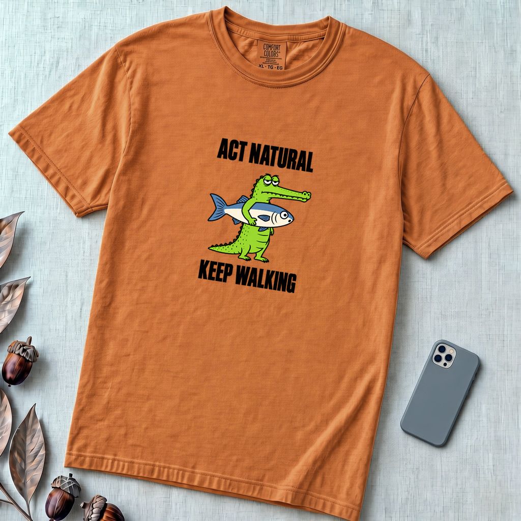 Act Natural Keep Walking Crocodile T-Shirt, Absurd Animal Graphic - Yam unfolded t-shirt mockup