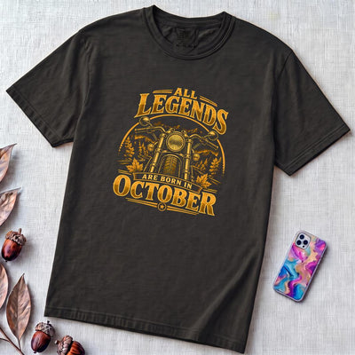 All Legends Are Born In October Motorcycle T-Shirt - Black unfolded t-shirt mockup